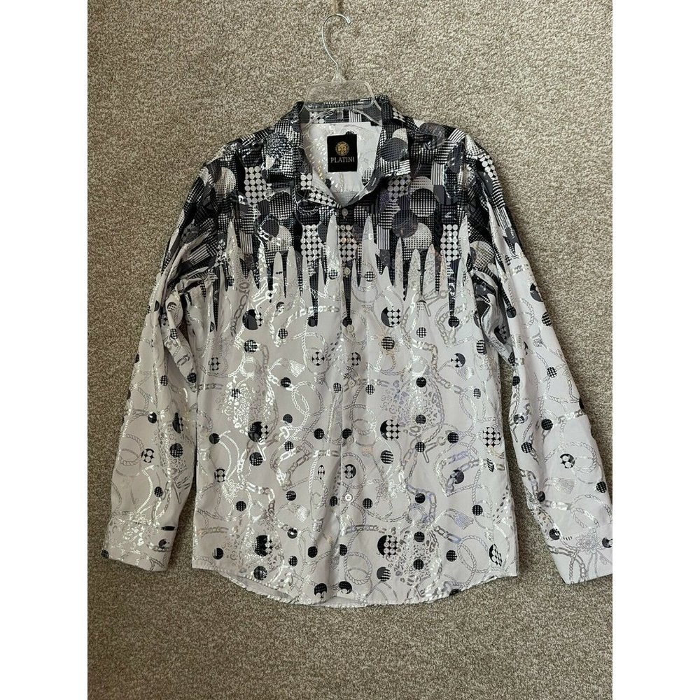 Platini Mens Western Chain Metallic Silver Button Down Shirt Large